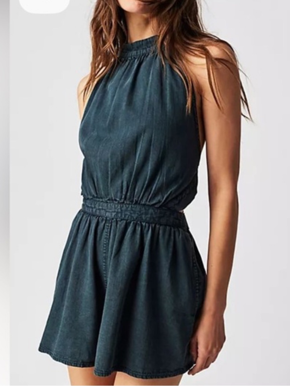 Free People Coral Tides Denim Halter Romper in Dark Blue Size M